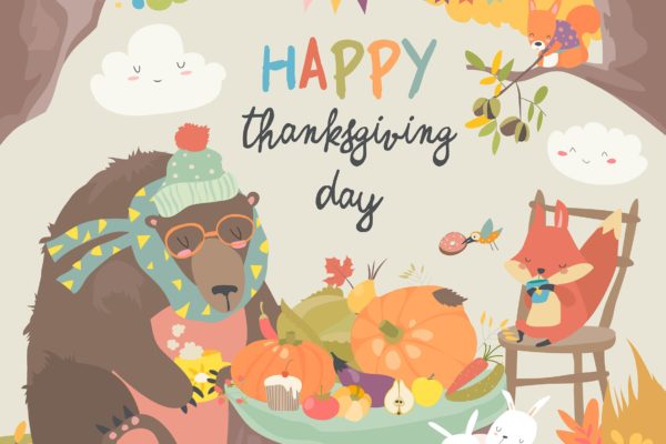 可爱动物感恩节矢量手绘图形素材精选 Cute animals celebrating Thanksgiving day. Vector