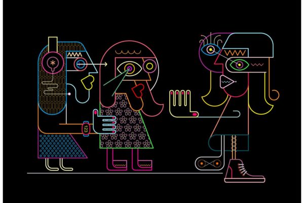邀请拒绝抗拒场景抽象彩色线条艺术矢量插画素材精选 Woman Stops Two Girlfriends vector illustration