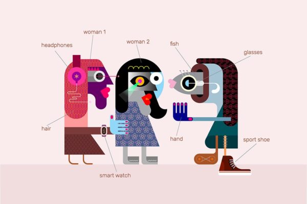 创意怪诞女性形象人物矢量插画素材精选 Two Women Talking to a Fish vector illustration