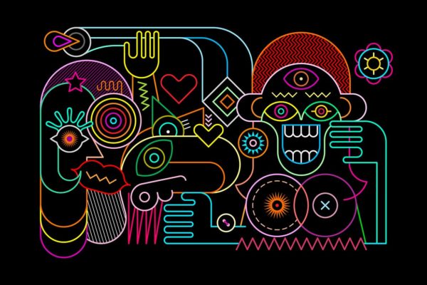 创意彩色线条艺术闺中密友矢量插画素材精选 Surprised Woman with Her Crazy Friends vector art