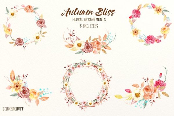 秋季氛围水彩插花花环装饰素材精选 Watercolor Fall Floral Arrangements