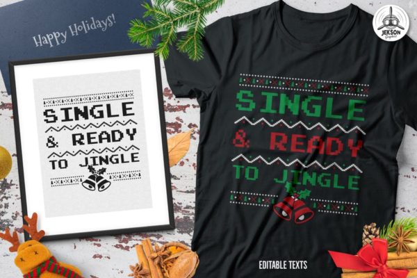 圣诞叮当毛衣T恤印花手绘图案设计素材精选 Christmas Jingle Sweater T-Shirt Xmas Retro Party