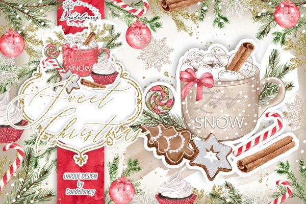甜蜜圣诞节水彩手绘图案PNG素材精选 Sweet Christmas design