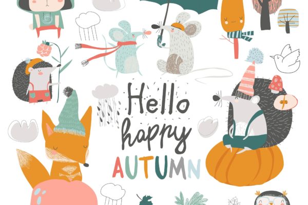 卡通风格可爱森林动物手绘图形设计素材精选 Fall set with cute forest animals in cartoon style