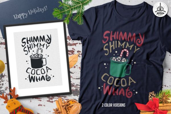 圣诞热可可T恤印花手绘图案设计素材精选 Christmas Hot Cocoa T-Shirt, Xmas Retro Party Tee
