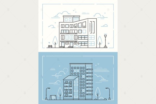 城市建筑线条设计风格插画素材精选 City buildings – line design style illustrations