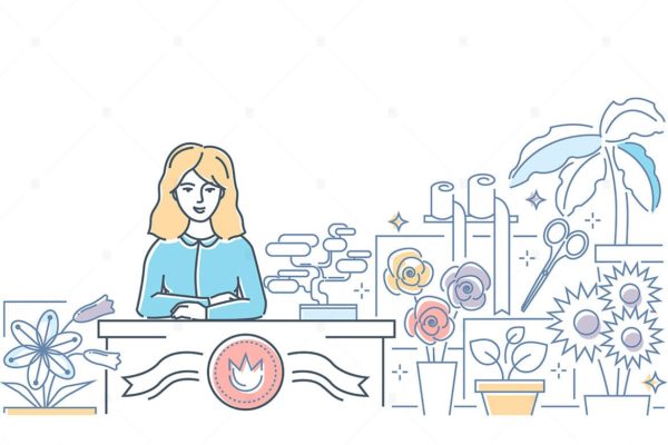 鲜花店场景线条艺术矢量插画 Flower shop – line design style illustration