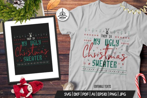 复古风格圣诞主题T恤印花图案设计素材精选 Retro Ugly Christmas Print TShirt Design with Deer
