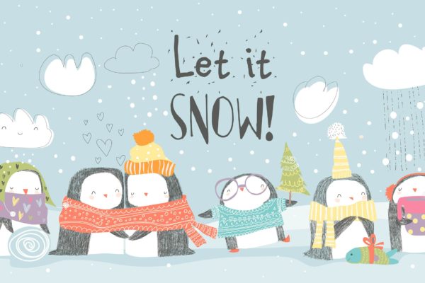 卡通企鹅庆祝圣诞节场景矢量插图素材精选 Cute penguins celebrating Christmas. Vector illust