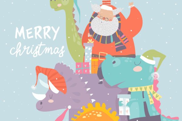 骑恐龙送礼物的卡通圣诞老人矢量手绘素材精选 Cartoon Santa Claus with gifts sitting on dinosaur
