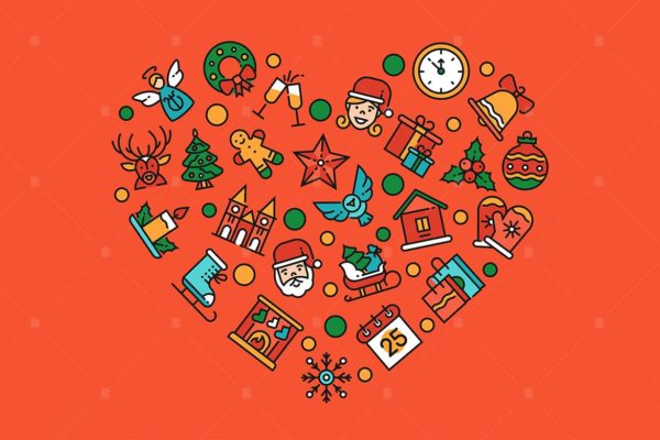 圣诞节符号图标组合心形矢量设计素材精选 Christmas accessories – linear illustration