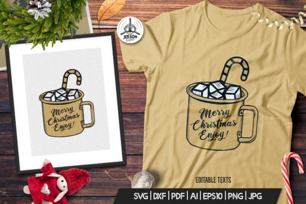 圣诞节主题马克杯手绘图案T恤印花设计素材精选 Christmas Mug T-Shirt. Vector Print, Holiday SVG