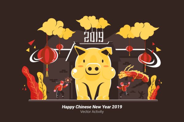 中国元素新年庆祝主题矢量插画素材精选 Happy Chinese New Year 2019 – Vector Illustration