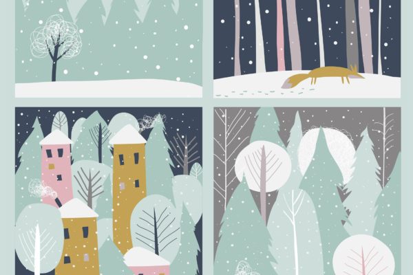 矢量手绘设计风格冬天雪景矢量插画素材精选 Set of winter lanscape in flat style. Vector