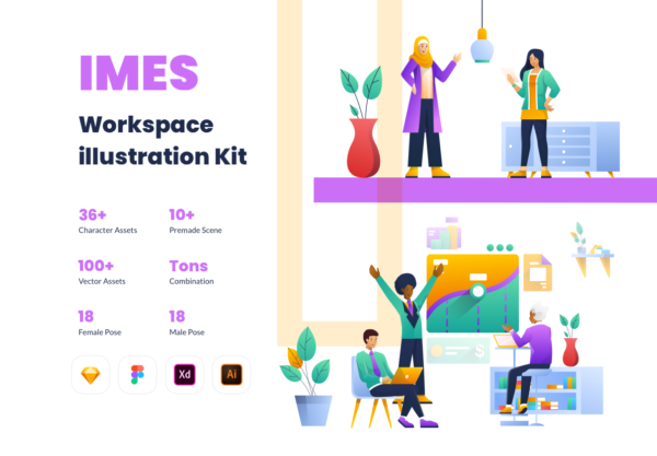 第一素材精选下午茶：2D社交工作场景概念插画文件[Sketch,Ai,XD,fig]
