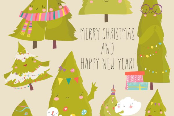 圣诞树卡通手绘矢量插画素材精选 Set of cartoon Christmas trees. Vector illustratio