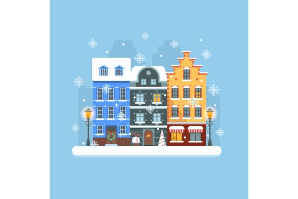 欧洲圣诞节小镇矢量插画素材精选 Europe Christmas Snow Town Street