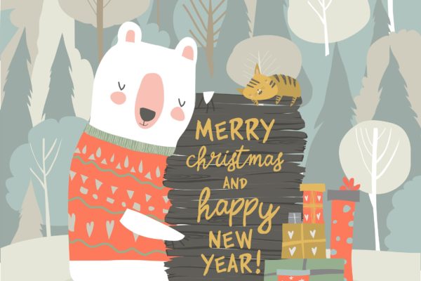 可爱的卡通熊形象圣诞节庆祝主题矢量手绘素材精选 Cute cartoon bear celebrating Christmas. Vector