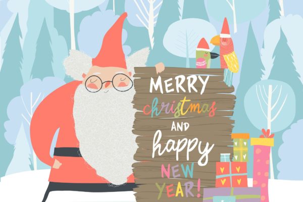圣诞老人&圣诞节庆祝主题矢量手绘插画 Santa Claus celebrating Christmas. Vector illustra