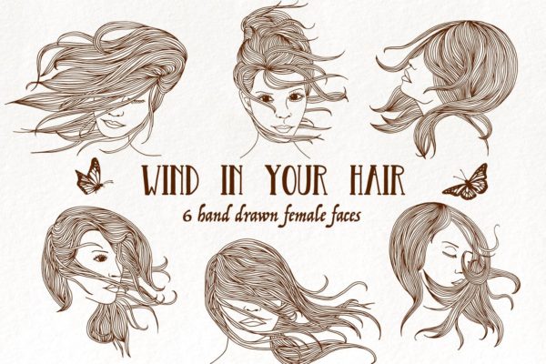 6个长发飘飘女子脸蛋头像矢量手绘图案素材精选 Wind in Your Hair – Hand drawn Girls’ Faces