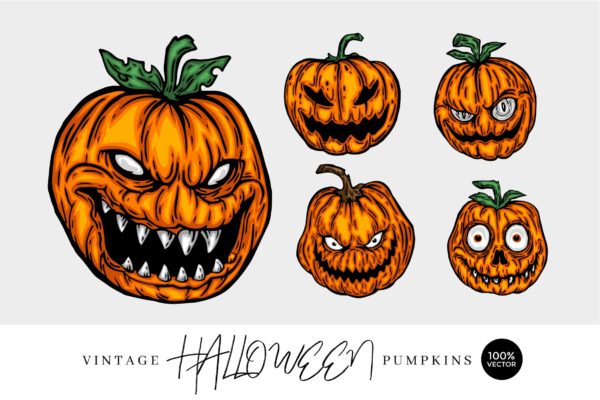 5款南瓜怪兽矢量手绘图形素材精选 5 Vintage Hand Drawing Pumpkin Monster Vector