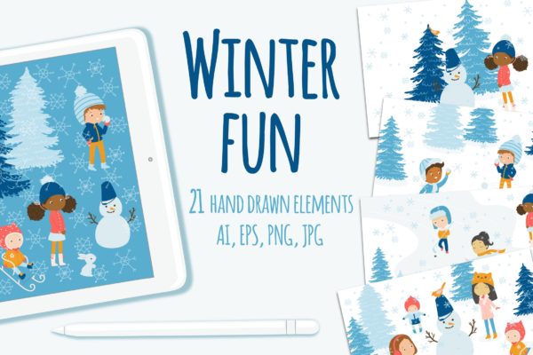 冬天儿童乐园矢量插画设计素材精选 Winter Fun Vector Graphic Set
