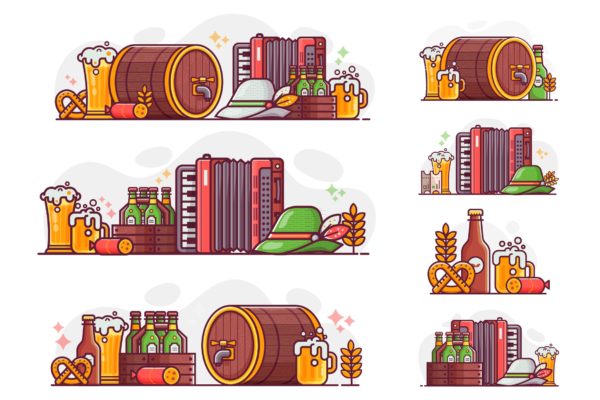 啤酒节啤酒桶矢量设计元素套件 Oktoberfest Beer Festival Elemenents Set