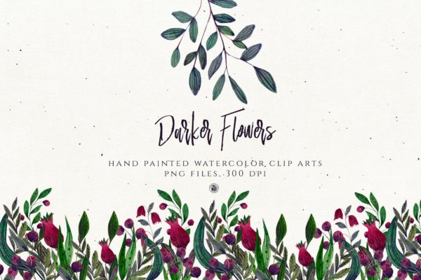 暗色手绘水彩花卉剪贴画PNG素材精选 Darker Flowers