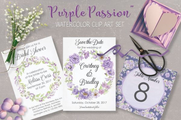 紫色水彩手绘花卉图案剪贴画PNG素材精选套装 Purple Passion: Watercolor Clip Art Bundle