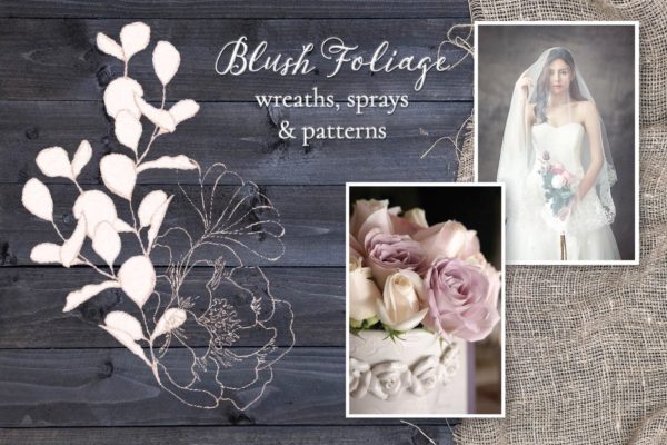 腮红色水彩手绘叶子图案剪贴画PNG素材精选 Blush Foliage Clip Art Bundle