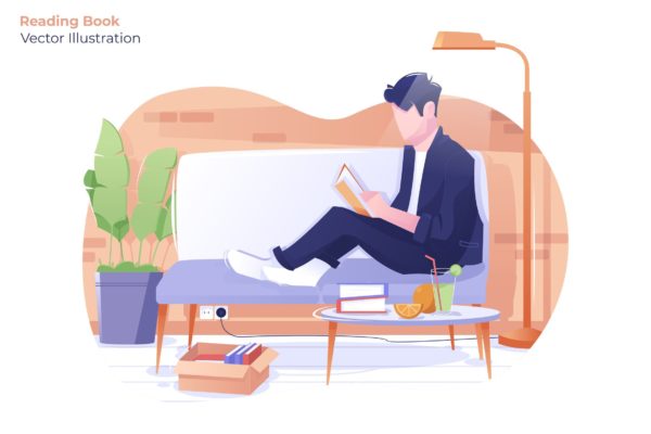 周末家庭阅读场景矢量插画素材精选 Reading Book – Vector Illustration