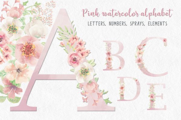 粉色水彩花卉字母和数字设计艺术字剪贴画PNG素材精选 Pink Watercolor Floral Letters and Numbers