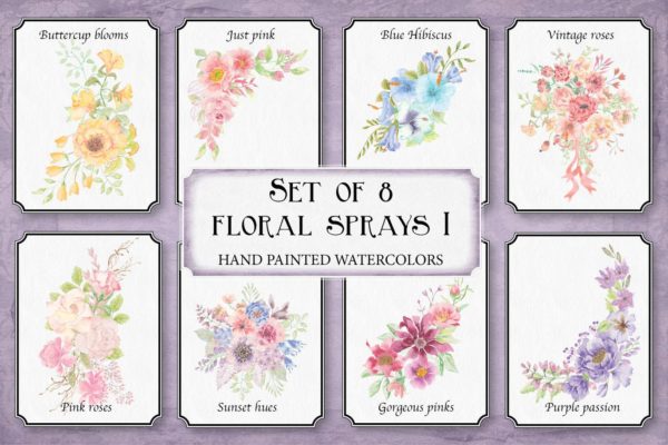 8套水彩花卉手绘图案剪贴画PNG素材精选 I Set of 8 Watercolor Clip Art Sprays I
