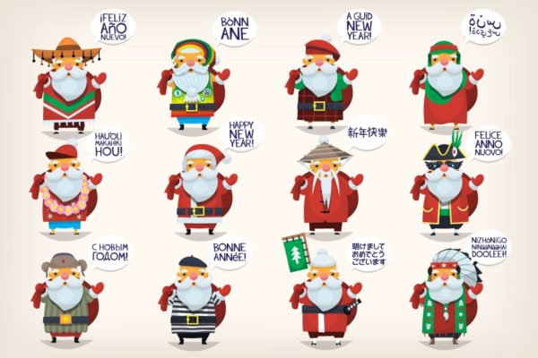 世界各地圣诞老人卡通形象设计矢量素材精选 Santas of the world
