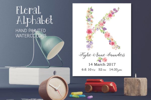水彩手绘夏季混合花卉字母剪贴画PNG素材精选 Floral Alphabet: Mixed Summer Blooms
