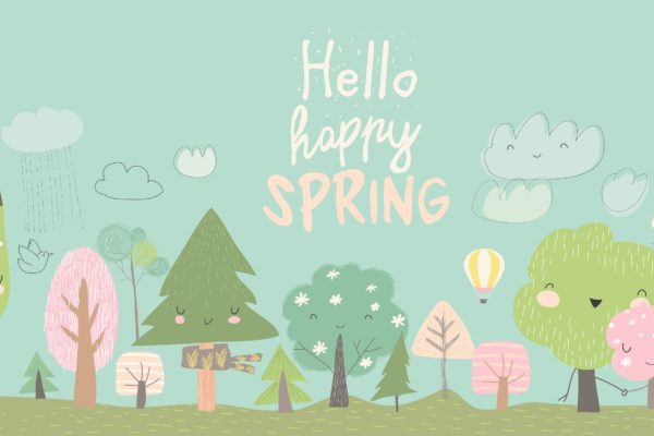 卡通风格森林简约手绘矢量图案素材精选 Cute spring trees. Cartoon spring tree on blue bac