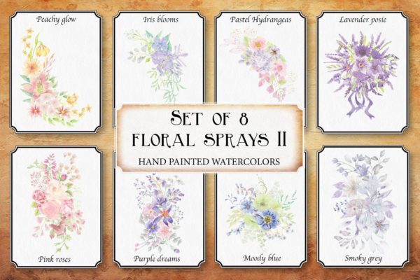 水彩花卉手绘图案剪贴画PNG素材精选 II Set of 8 Watercolor Clip Art Sprays II