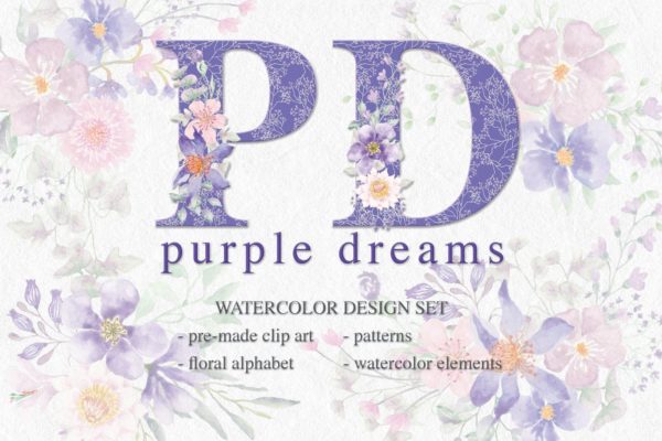 紫色梦幻水彩花卉图案设计素材精选包 Purple Dreams Watercolor Design Set