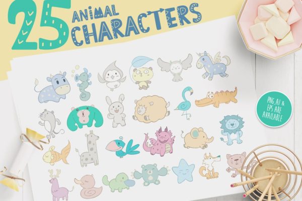 卡通动物手绘图案装饰儿童主题设计素材精选 Character Animal Decorative for Kids