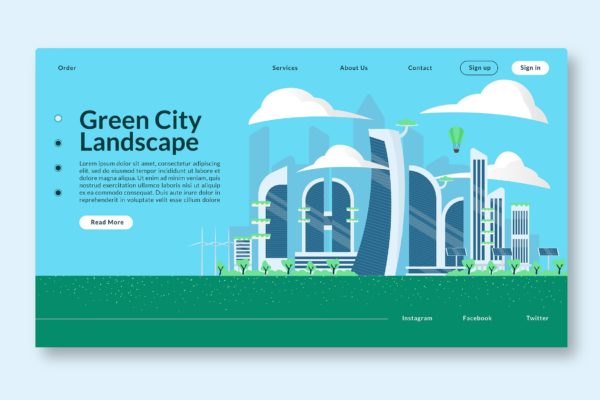未来风格绿色城市景观矢量插画素材精选 Green City Landscape – Web Header & Vector GR