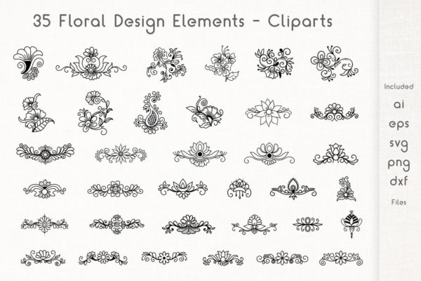 35个矢量手绘花卉设计元素剪贴画素材精选 Floral Design Elements – Cliparts
