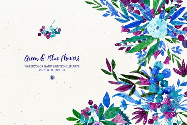 绿色&蓝色水彩手绘花卉剪贴画PNG素材精选 Green and Blue Flowers