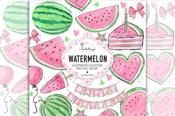 粉色西瓜瓣水彩剪贴画PNG素材精选 Watercolor Pink Watermelon Clipart