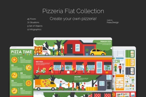 披萨主题场景扁平风格设计元素汇总 Pizzeria Flat Collection