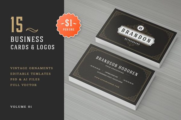 15款复古装饰风格企业名片设计模板精选 15 Ornaments Business Cards Bundle