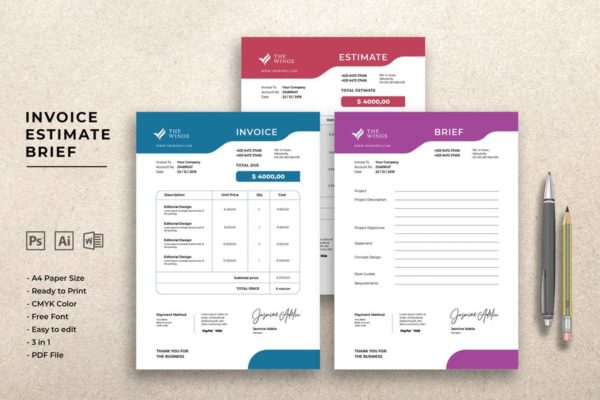 商业发票/预算/报价表单设计模板精选素材 Invoice Estimate Brief
