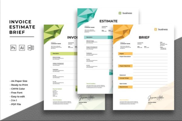 商业多用途发票/预算表/报价单设计模板精选 Invoice Estimate Brief