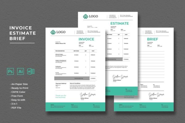 企业标准账单/发票/单据/费用清单设计模板精选 Invoice Estimate Brief