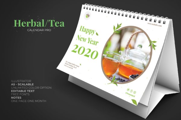 茶文化茶叶品牌定制2020年活页台历表设计模板精选 2020 Tea Herbal Green Calendar Pro