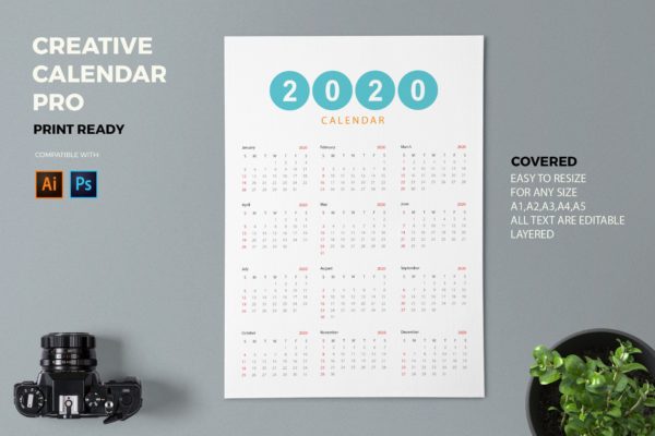 简约设计风格2020年单页日历设计模板精选 Creative Calendar Pro 2020